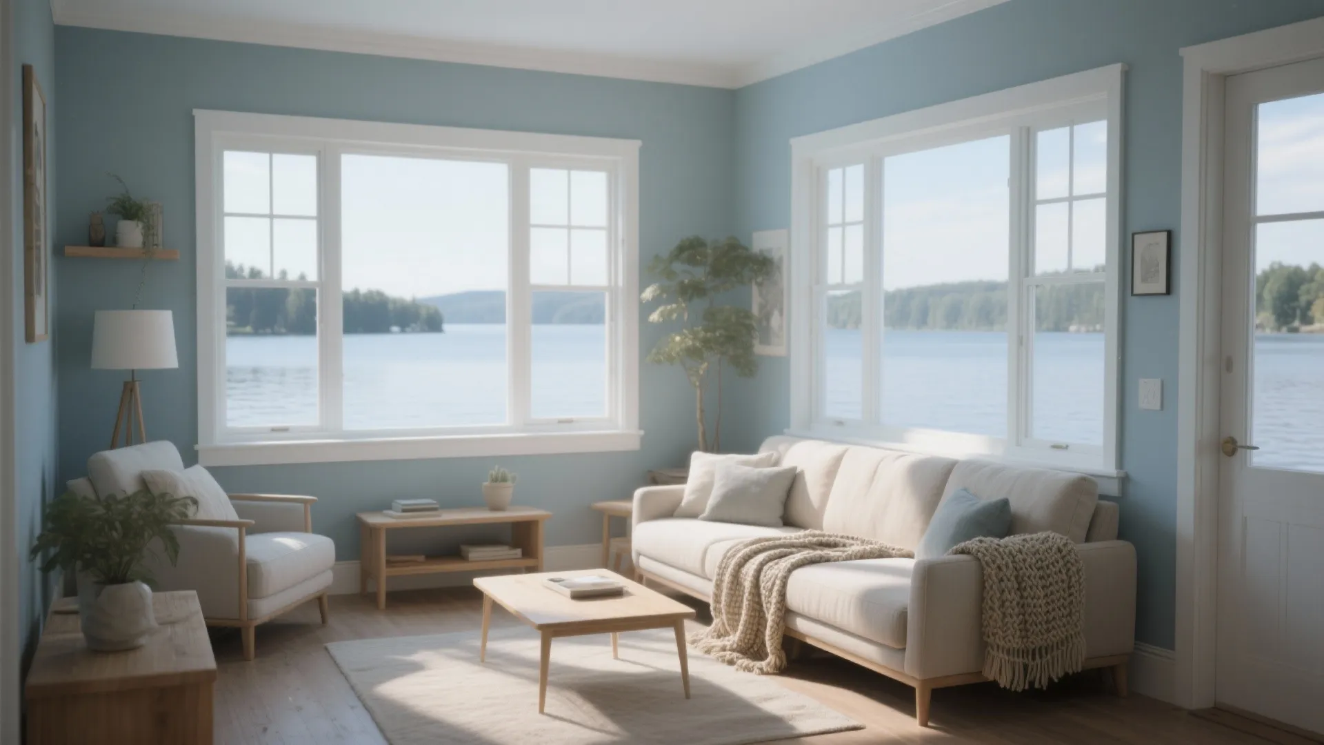 Cozy lakeside sitting room with soft misty blue walls, white trim and warm wood accents.
