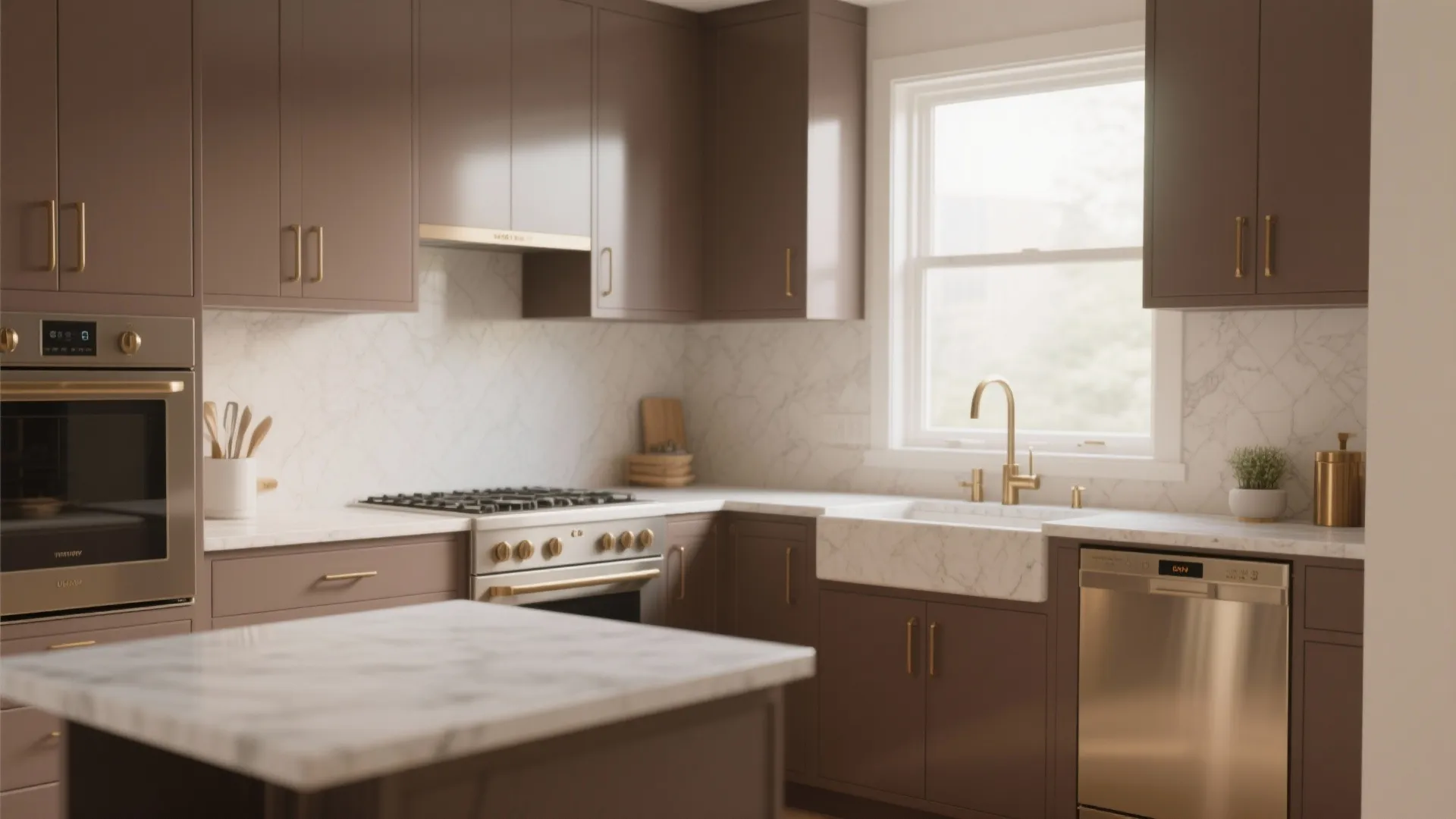 Small kitchen with soft mocha cabinets, matte brass hardware and pale quartz counters.