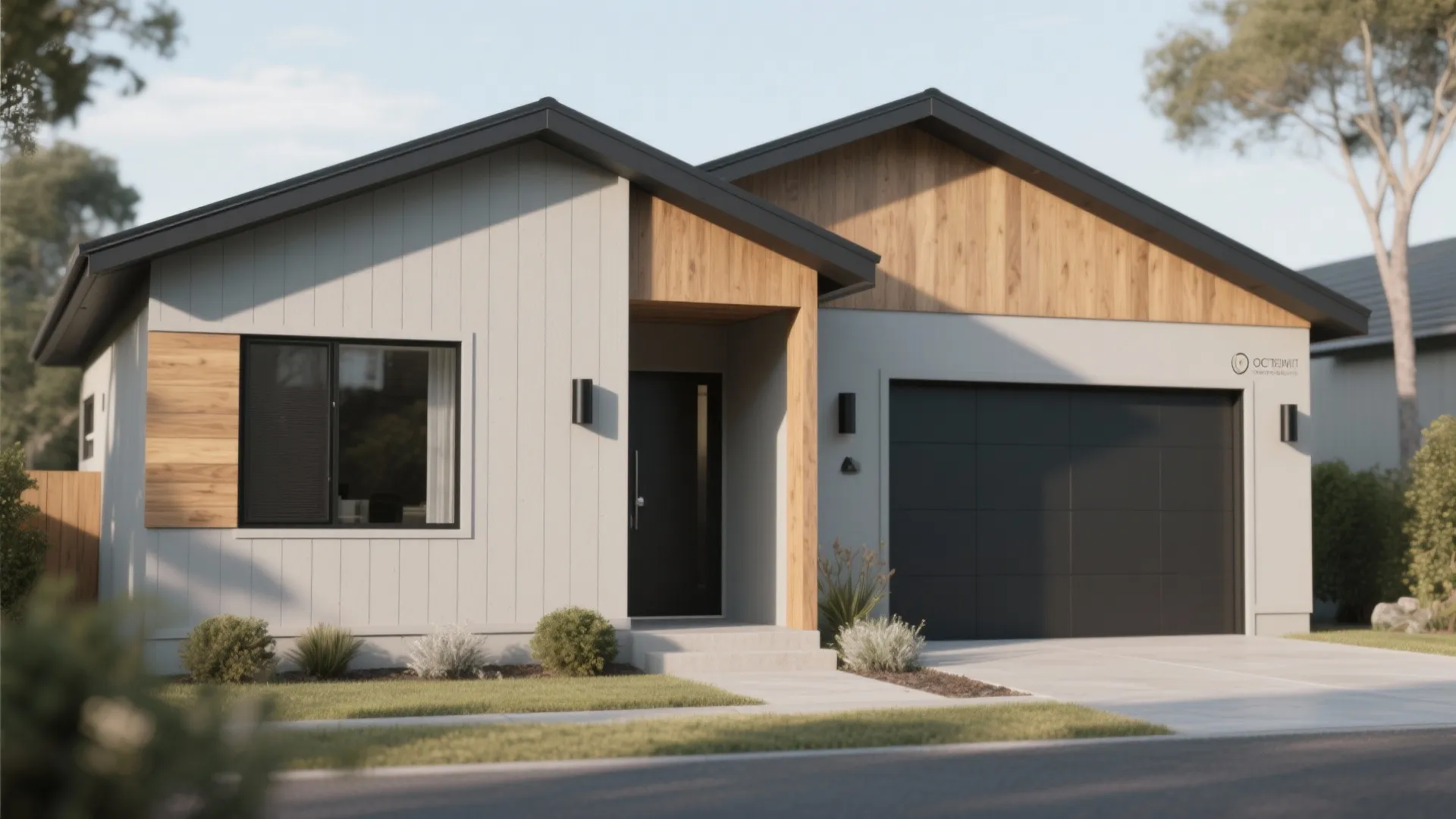 Modern single-story house exterior with light grey siding wooden accents and a black garage door