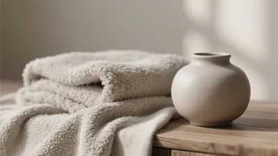 Cozy Bedroom Corner with Textured Blanket & Ceramic Vase