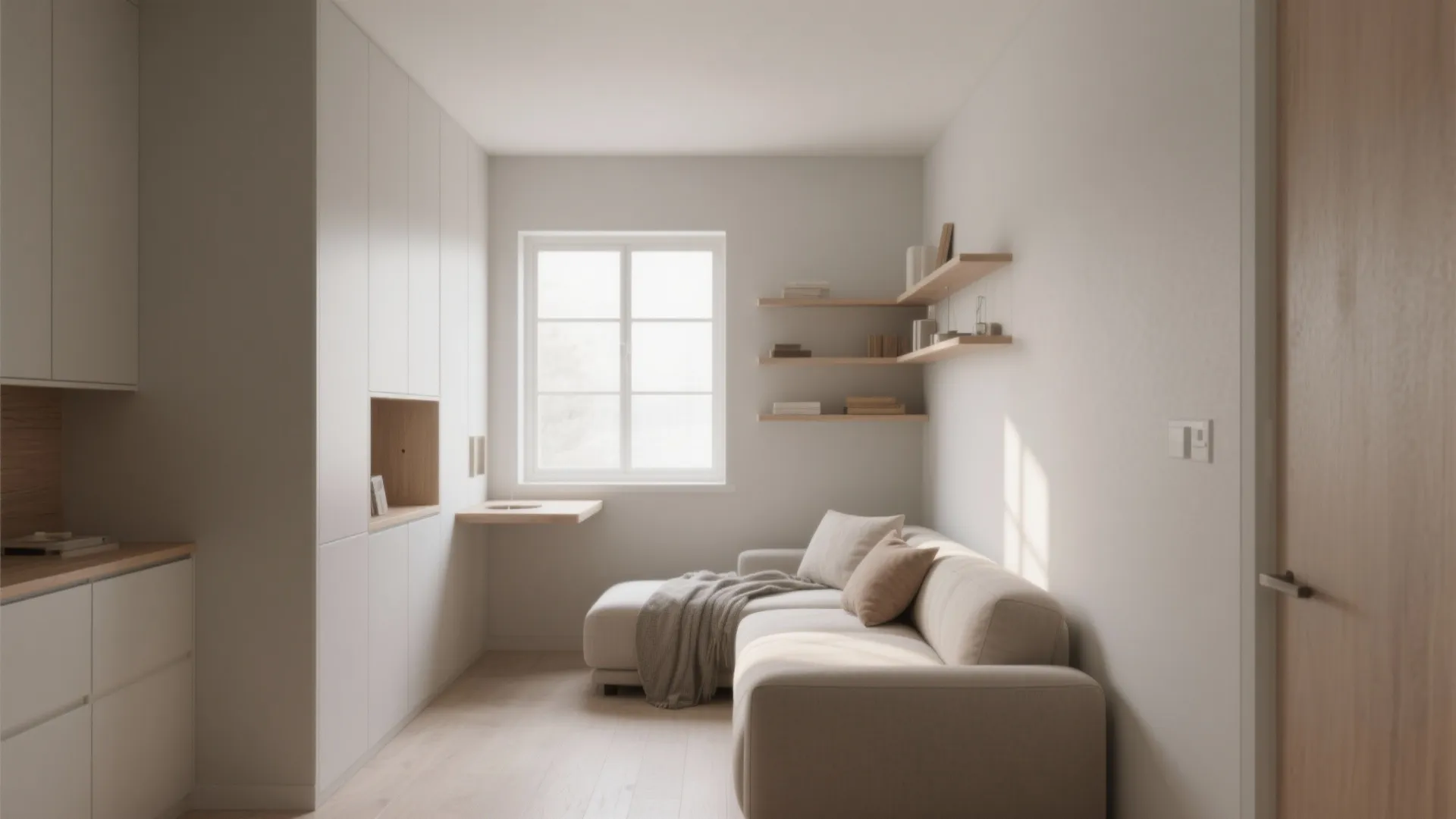 Minimalist small living room with beige sofa white walls wooden shelves and natural window light