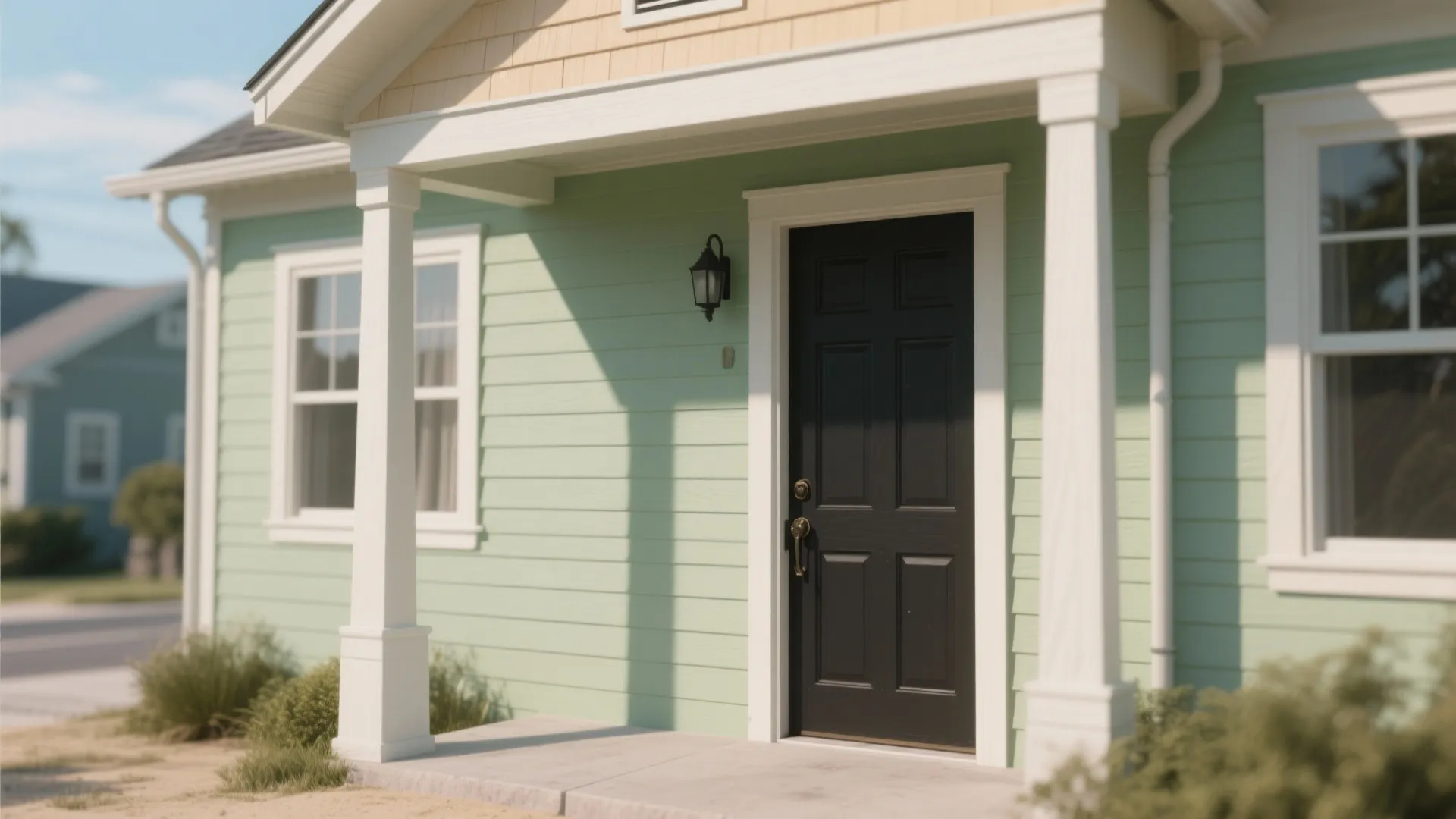 Mint green house exterior with a black front door white columns and a small porch