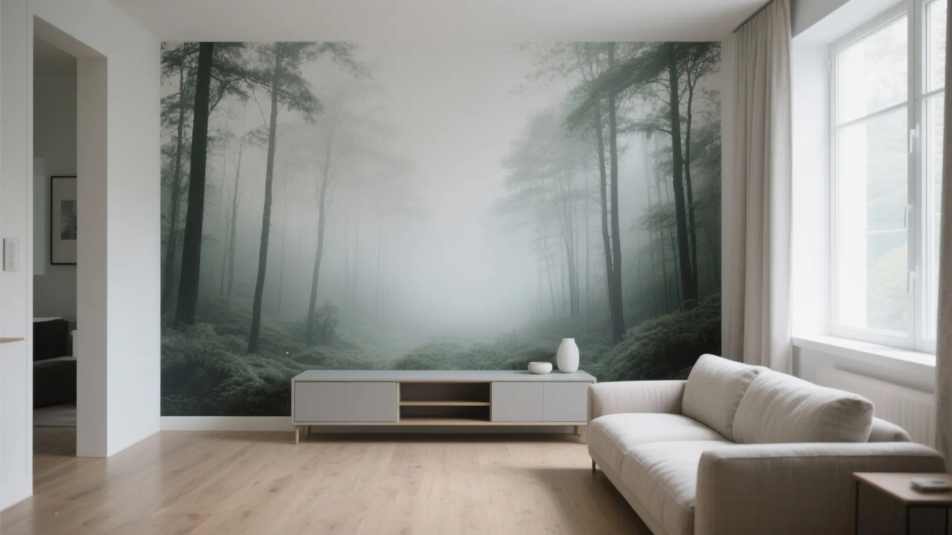 Modern living room with forest mural wall grey cabinet white sofa and light wood floor