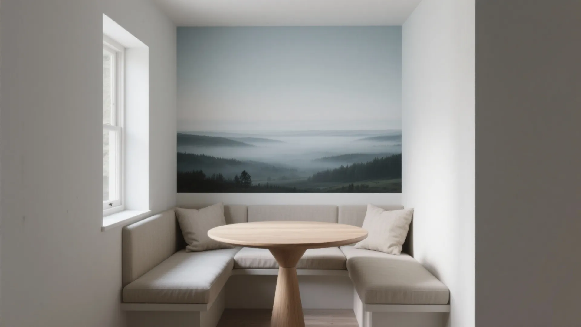 Small dining nook with a round wooden table light sofa and a large landscape painting