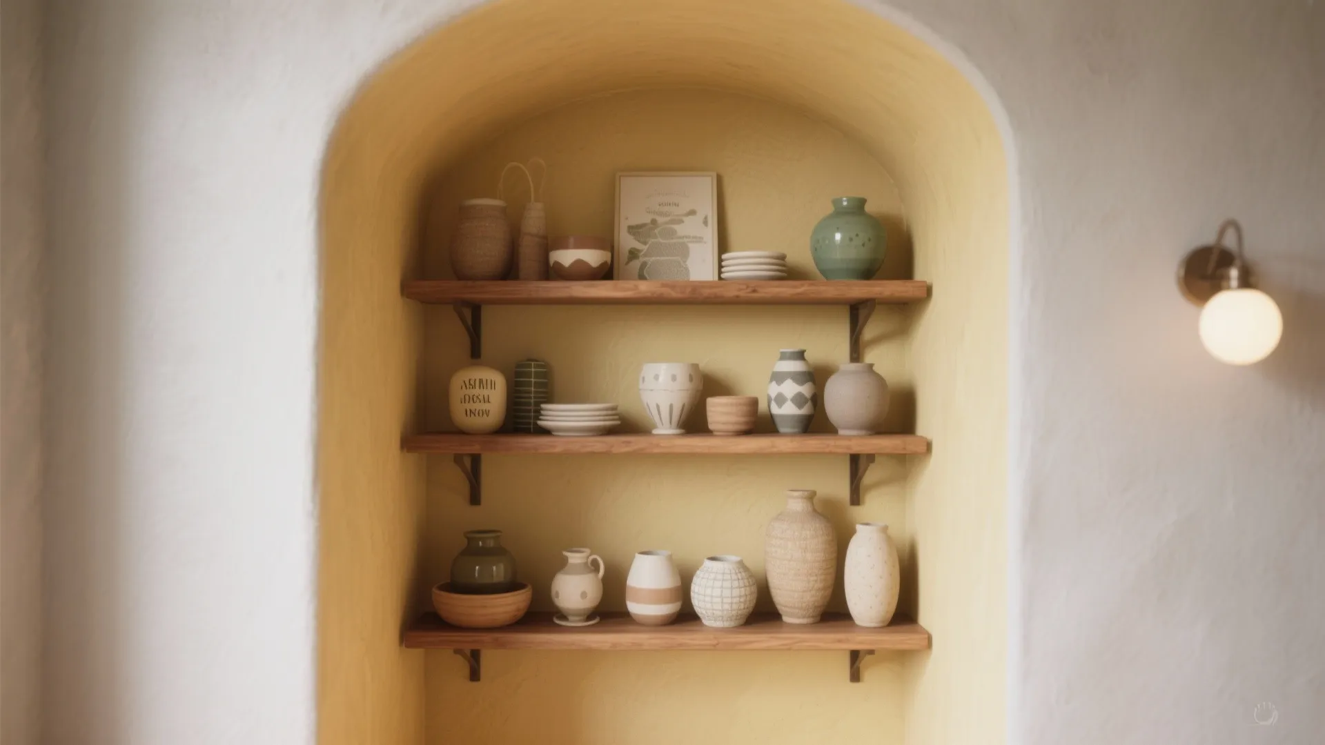 Built-in wall shelf with mustard yellow paint background featuring various ceramic pots and decorative plates