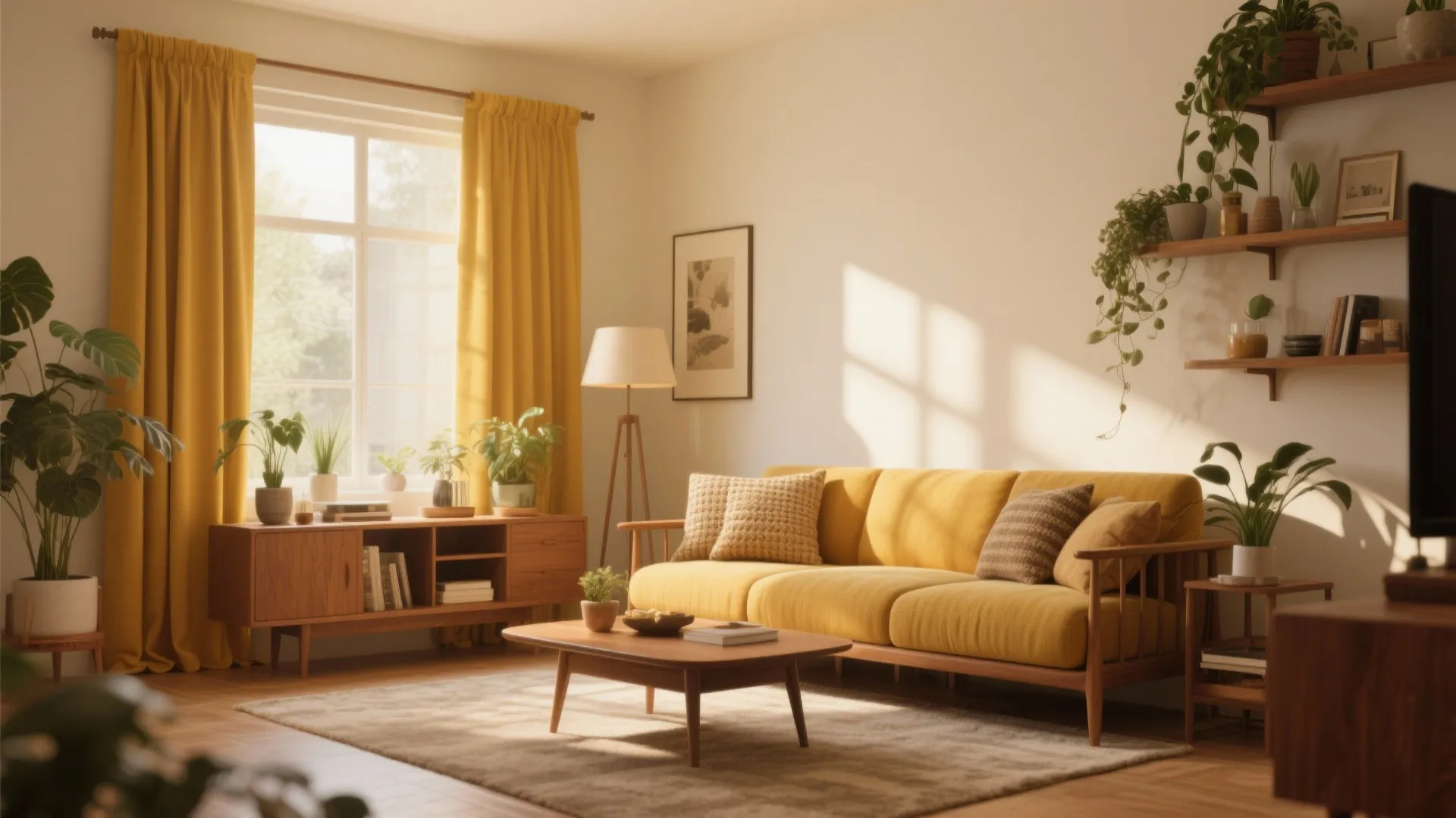Cozy living room with yellow curtains yellow sofa wooden coffee table rug and many green plants