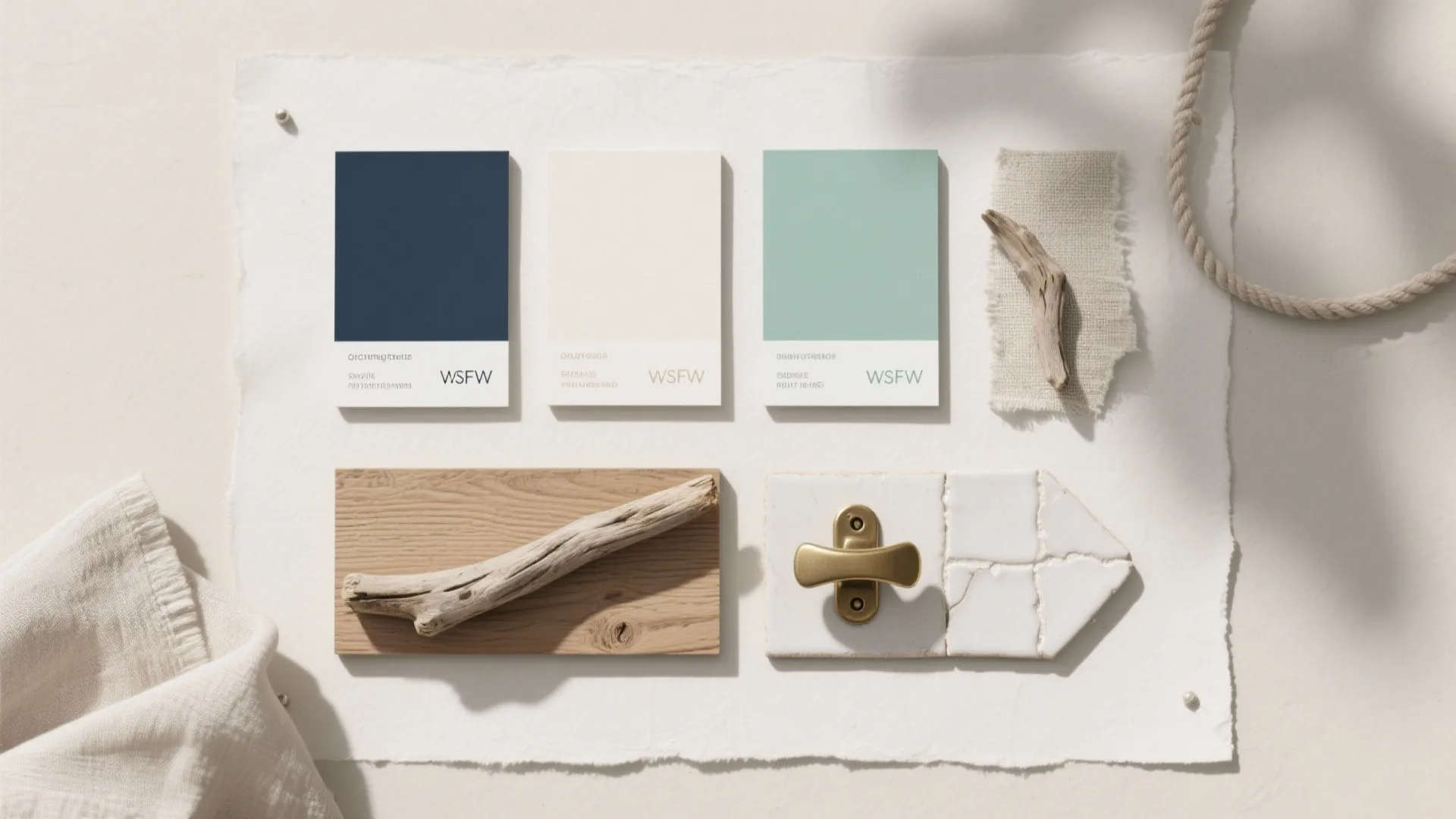 Interior design mood board with blue cream mint paint swatches wood samples and nautical rope