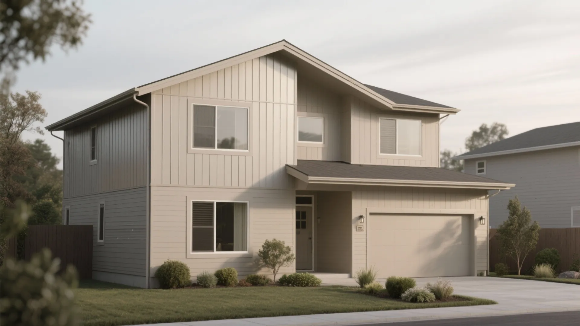 Modern two story family house with cream wall panels large garage green lawn and small bushes