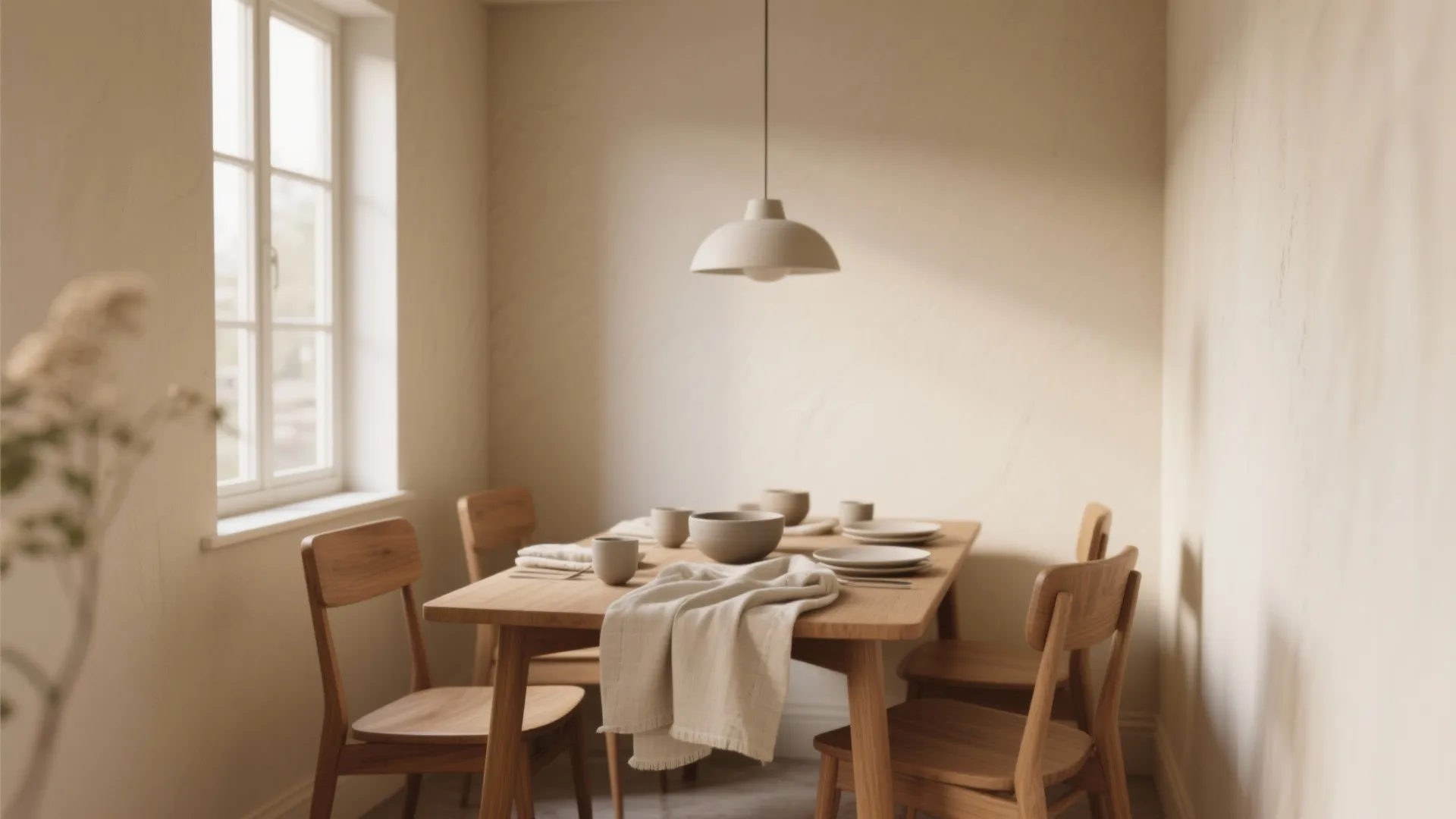 Minimalist dining room with beige walls wooden table set matching chairs and simple cream ceiling light