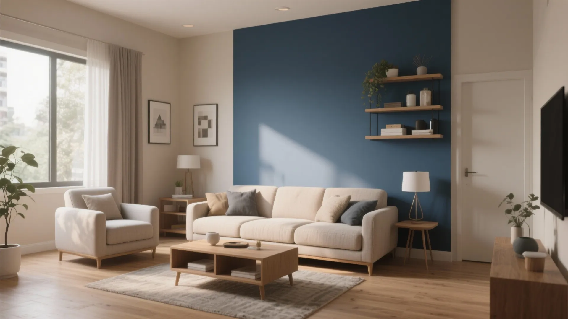 Modern living room featuring a blue accent wall with wooden shelves beige sofa and rug