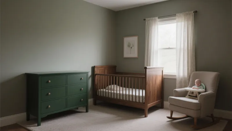 Calming Nursery with Green Accent and Natural Wood