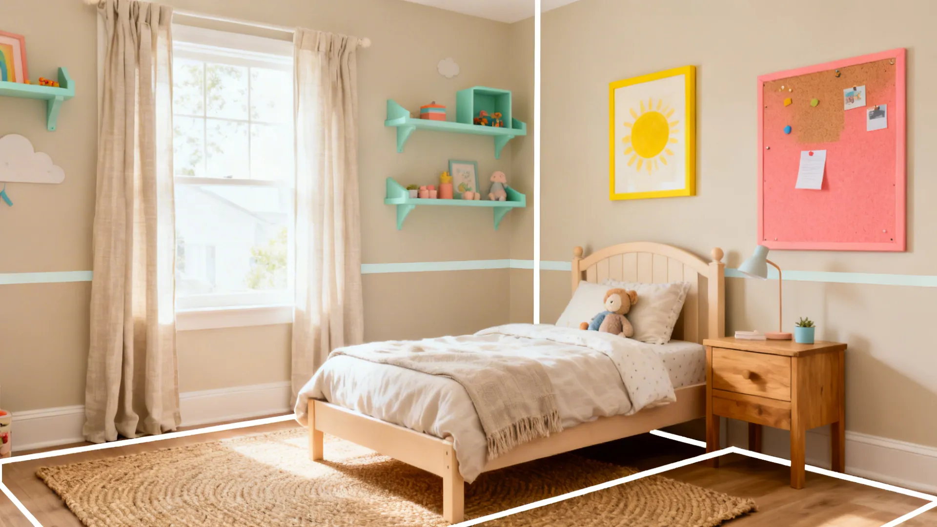 Warm greige kids’ room with mint shelves, coral pinboard, and a playful accent band.