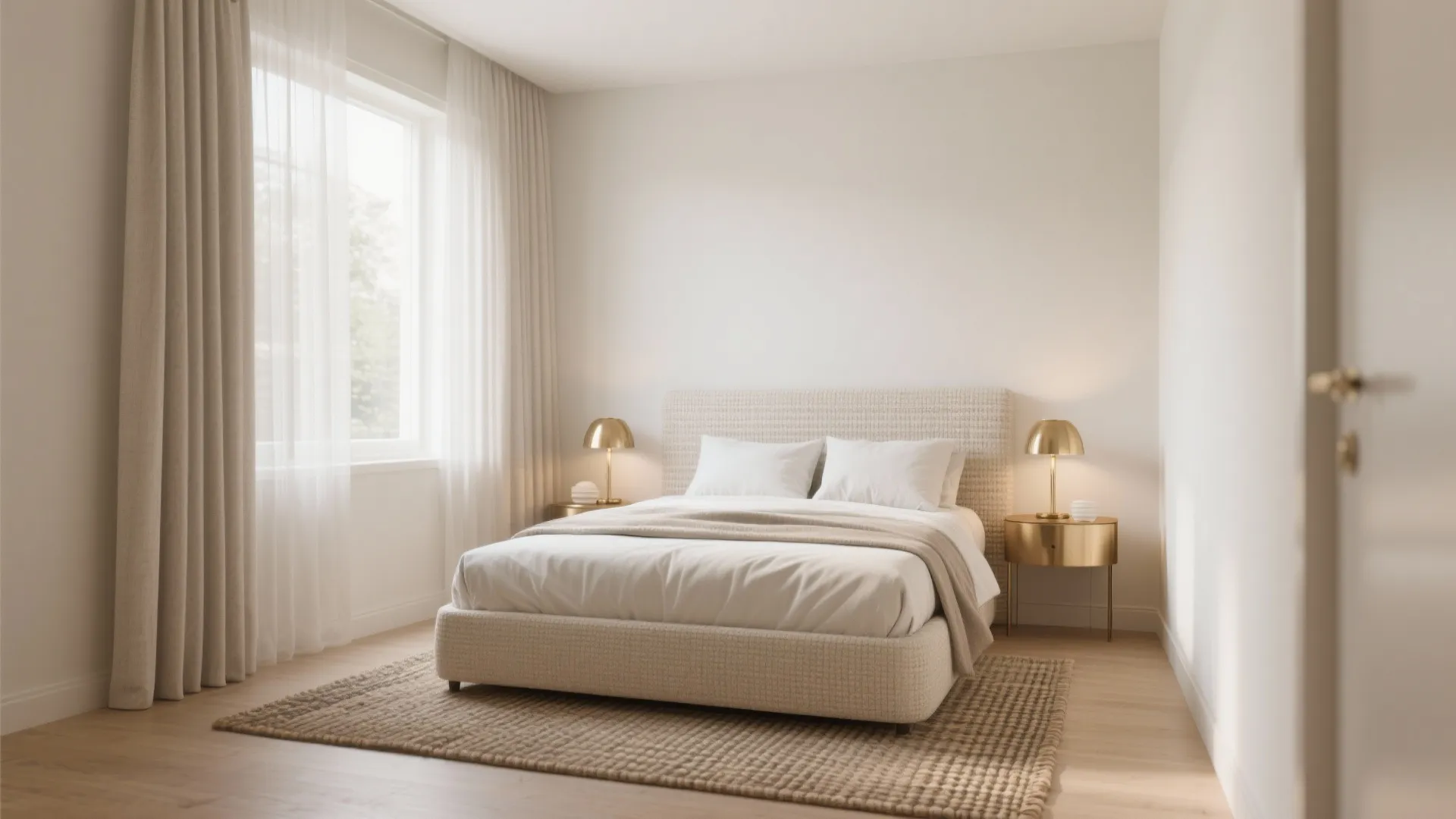 Bright neutral bedroom with beige upholstered bed and gold bedside table lamps near large window