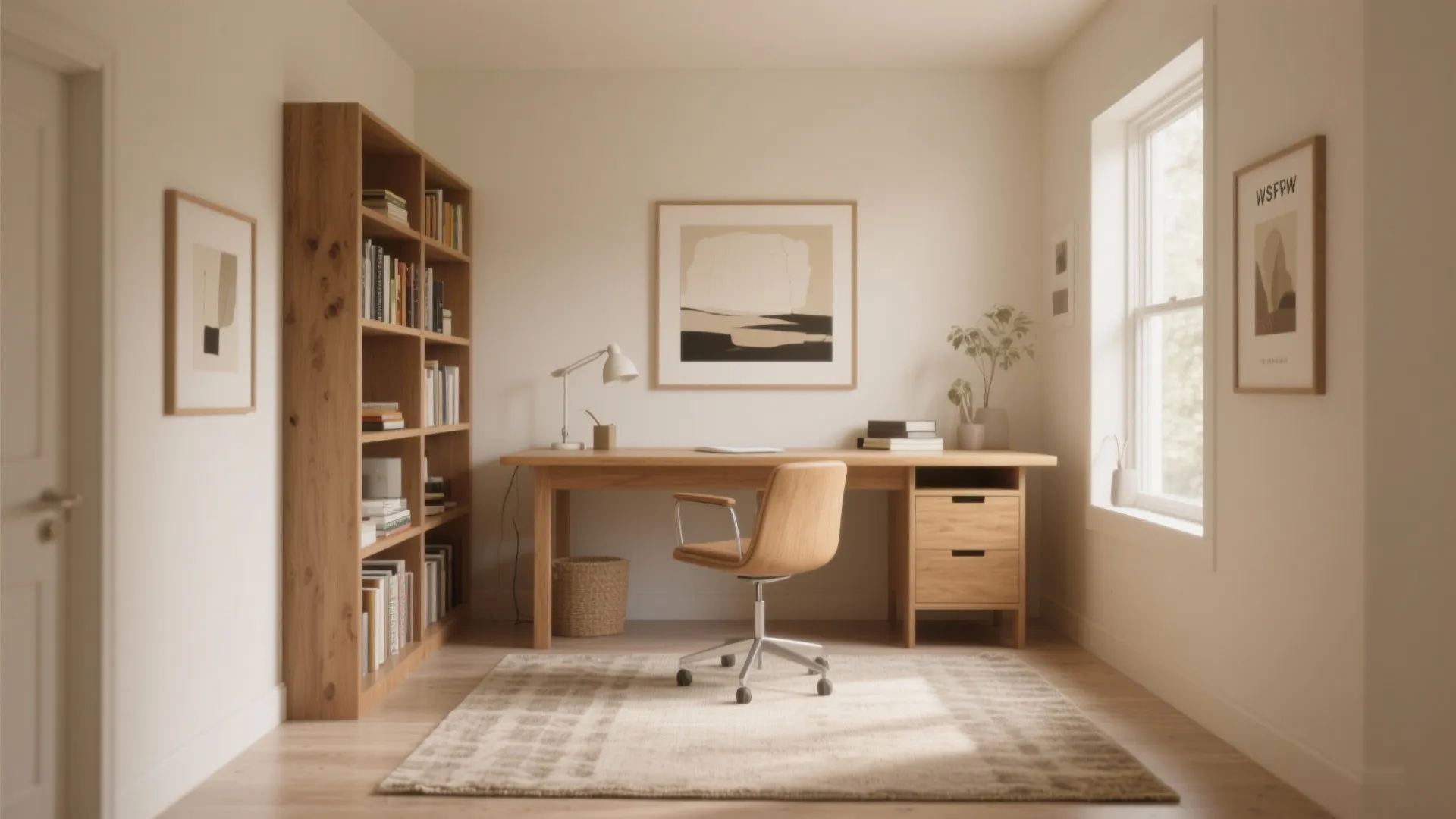 Minimalist home office with wooden desk tall bookshelf beige rug and large window with sunlight
