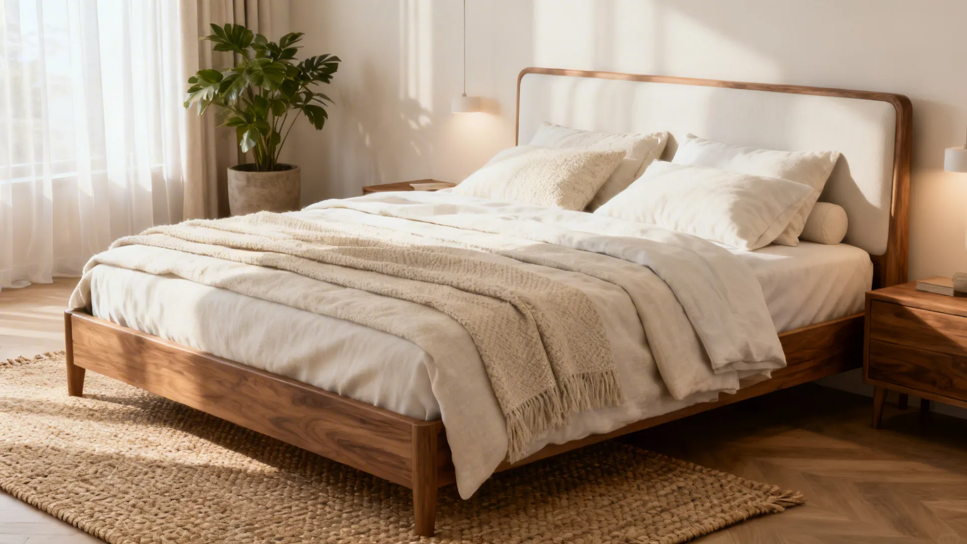 Accessible Beige bedroom with Pure White trim, textured linens, warm lamps and natural accents.