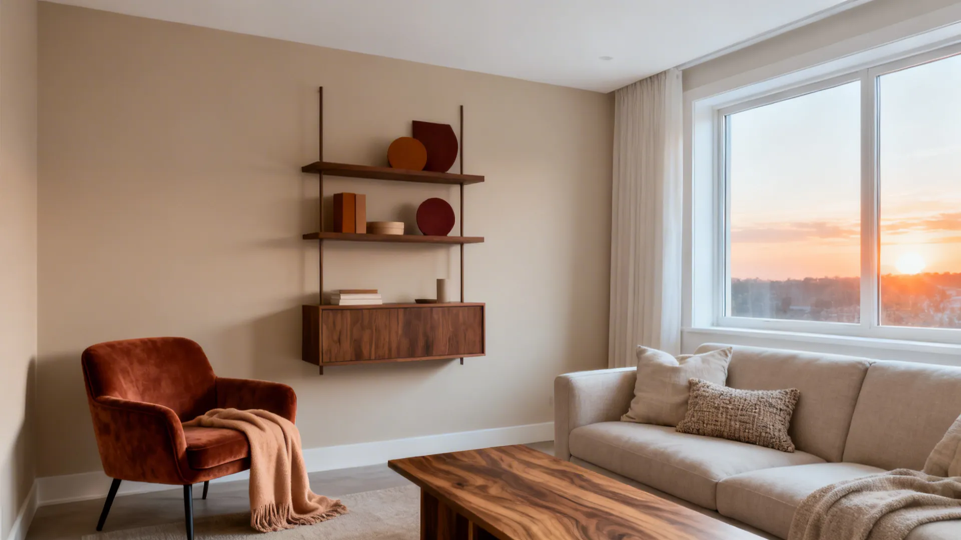 Oatmeal walls with warm white ceiling, cinnamon velvet chair, and walnut shelving in a calm living room.