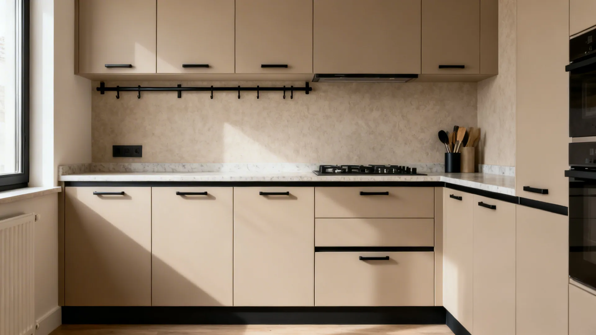 Greige modular kitchen with matte black rails and dark toe-kicks for clean, organized contrast.