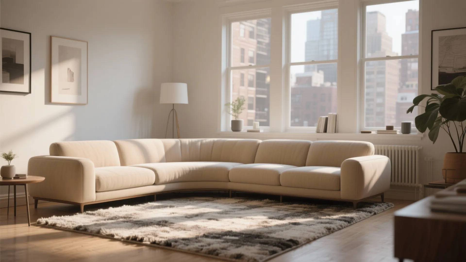 Beige curved sofa in a minimalist apartment living room