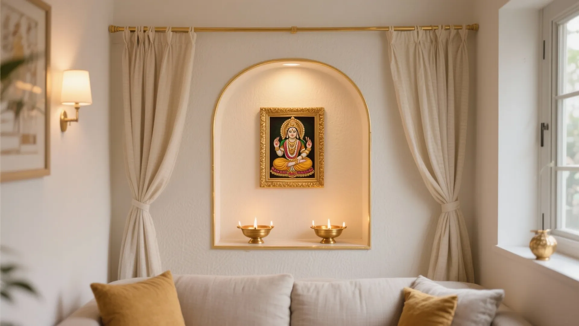 Traditional wall painting in gold frame above two brass oil lamps and a beige sofa