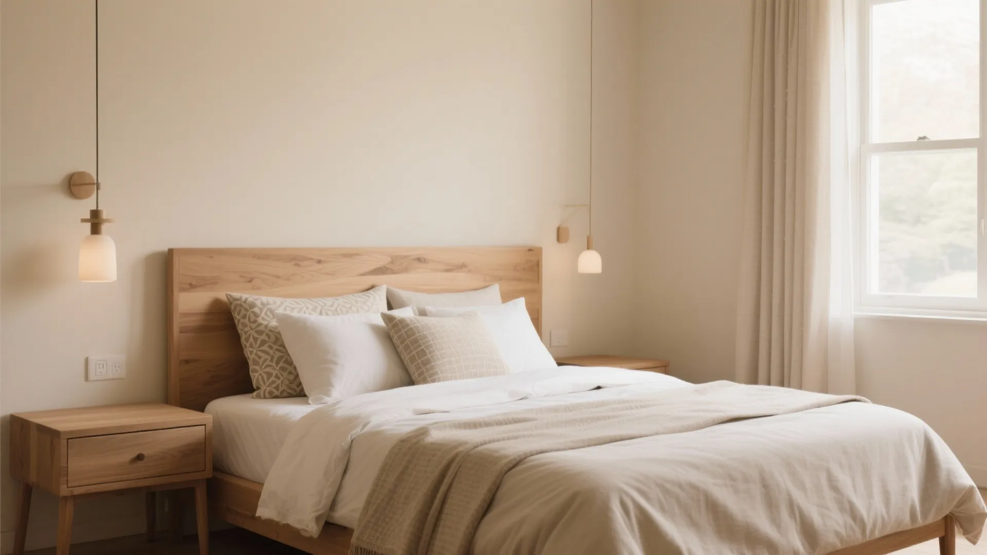 Minimalist neutral bedroom with wooden bed, white bedding, bedside table, hanging light fixture, and window