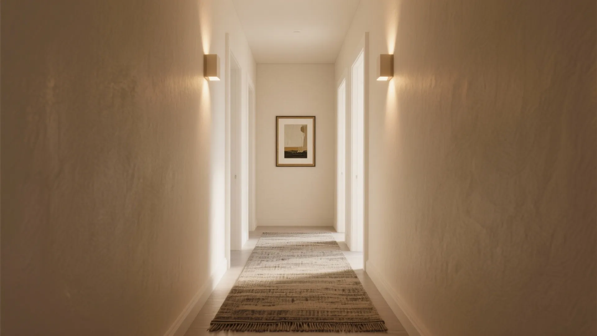 Minimalist cream hallway with textured walls rug wall light and a framed picture at end