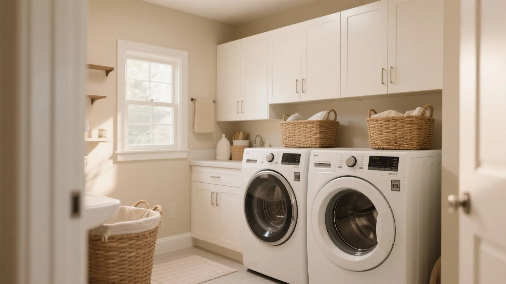 Neutral laundry room design with white storage cabinets, two washing machines, woven baskets, and window