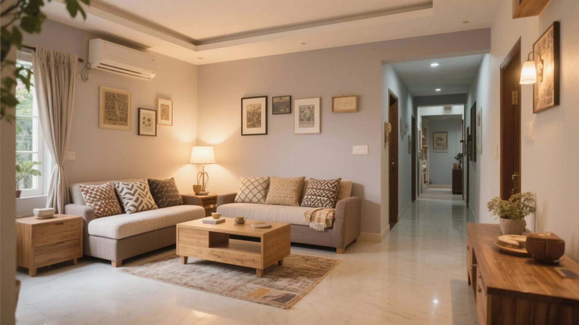 Modern living room with grey sofas, wooden coffee table, patterned pillows, table lamp, and hallway