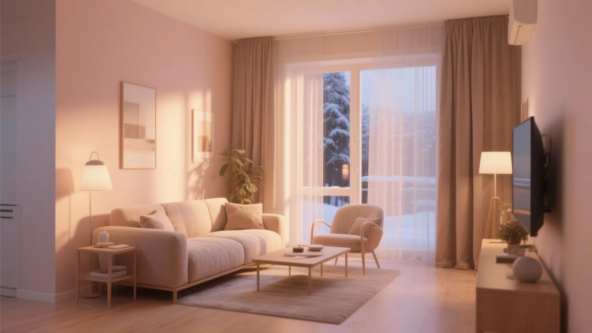Small living room with warm beige walls creating a cozy atmosphere