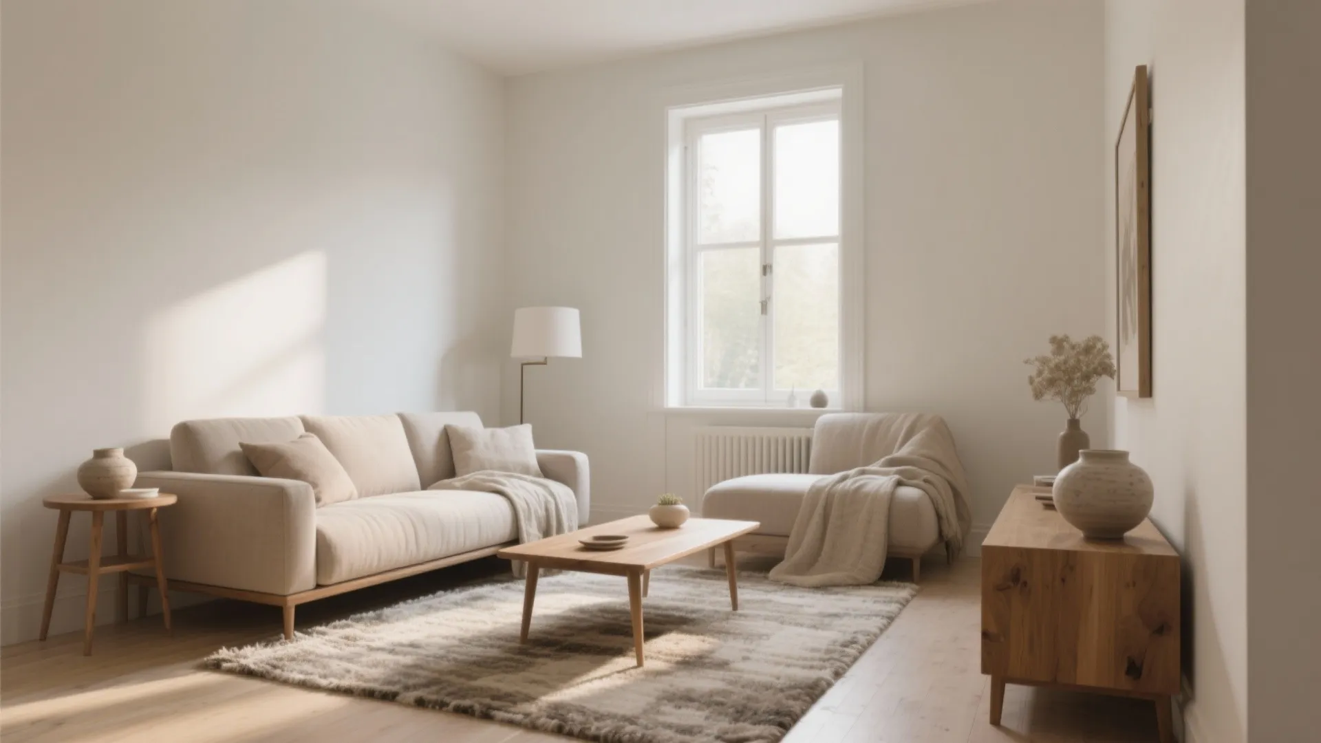 Minimalist living room with beige sofa wood coffee table soft rug and white walls interior