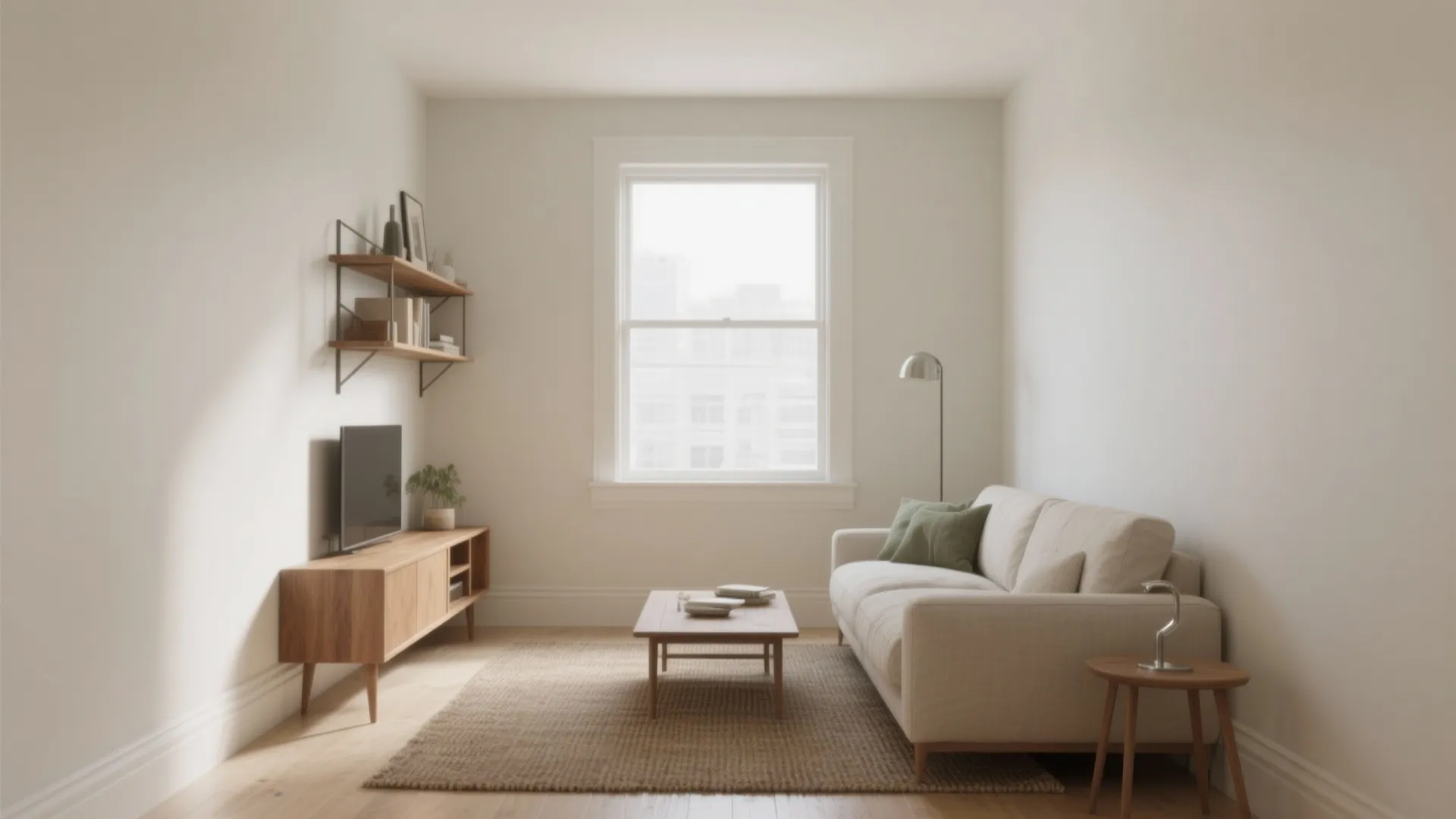 Minimalist living room with white sofa wooden coffee table small cabinet and a large window