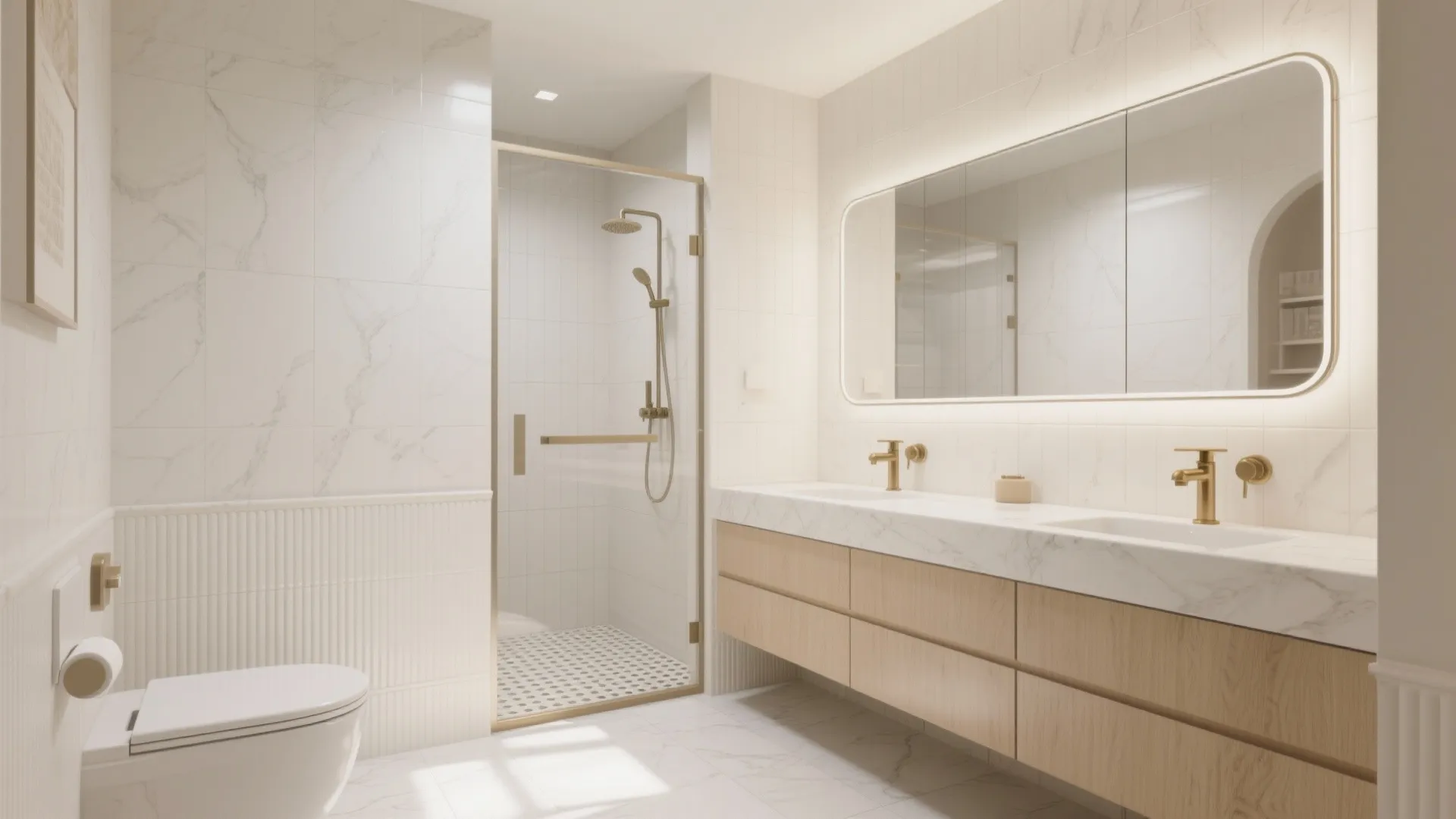 Modern bathroom with white marble walls light wood cabinet large mirror and glass shower door