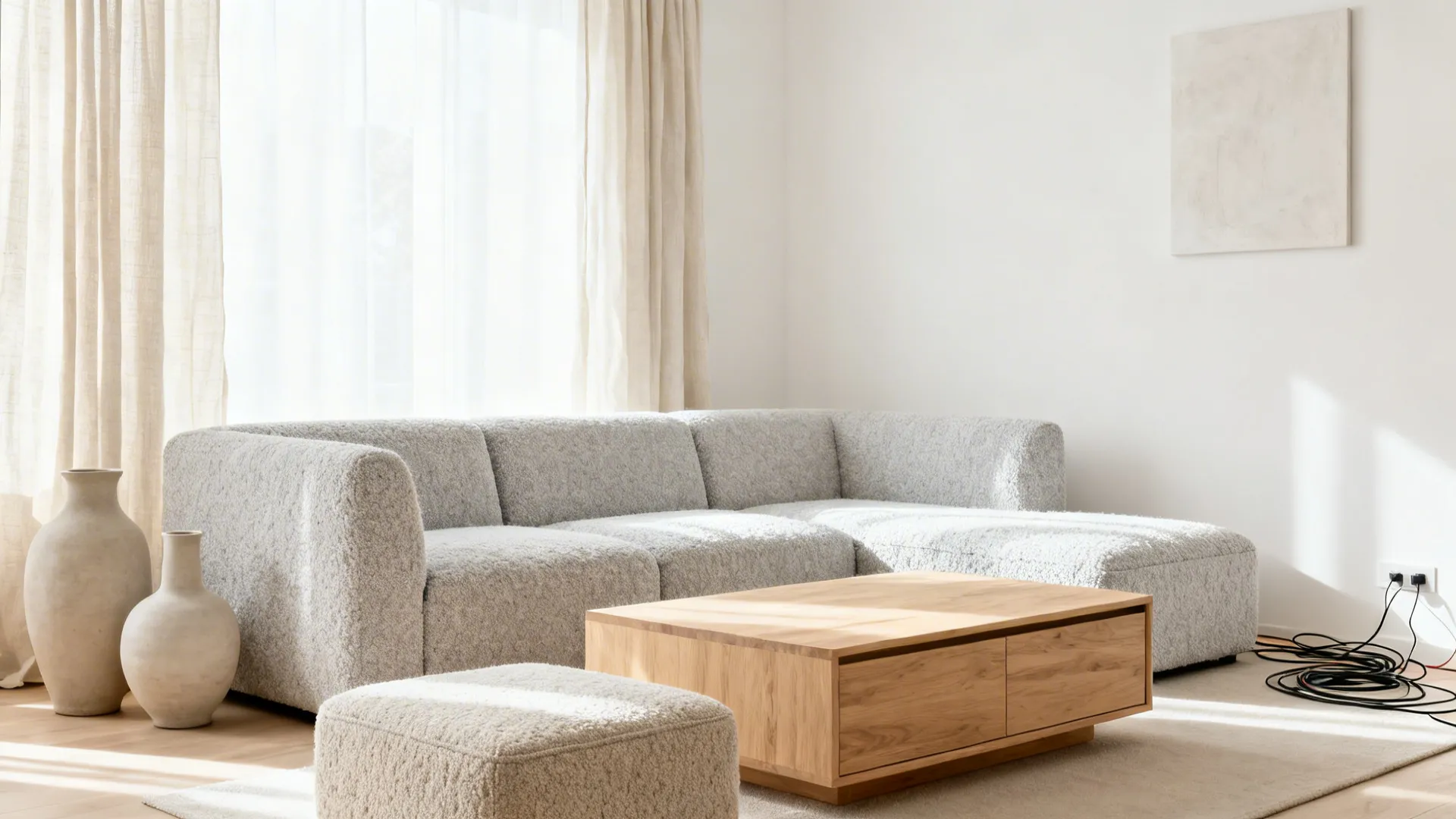 Light neutral mobile home living room with boucle sofa, linen, and warm oak accents.