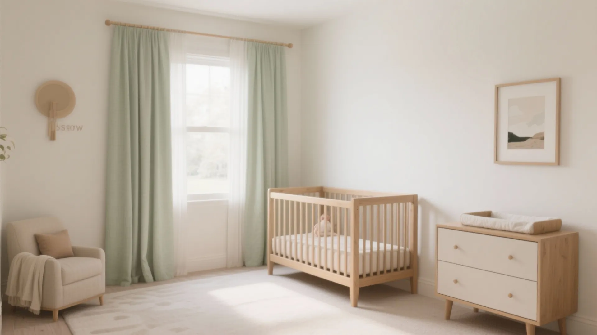 Bright nursery room with wooden crib cabinet armchair light green curtains and a wall picture
