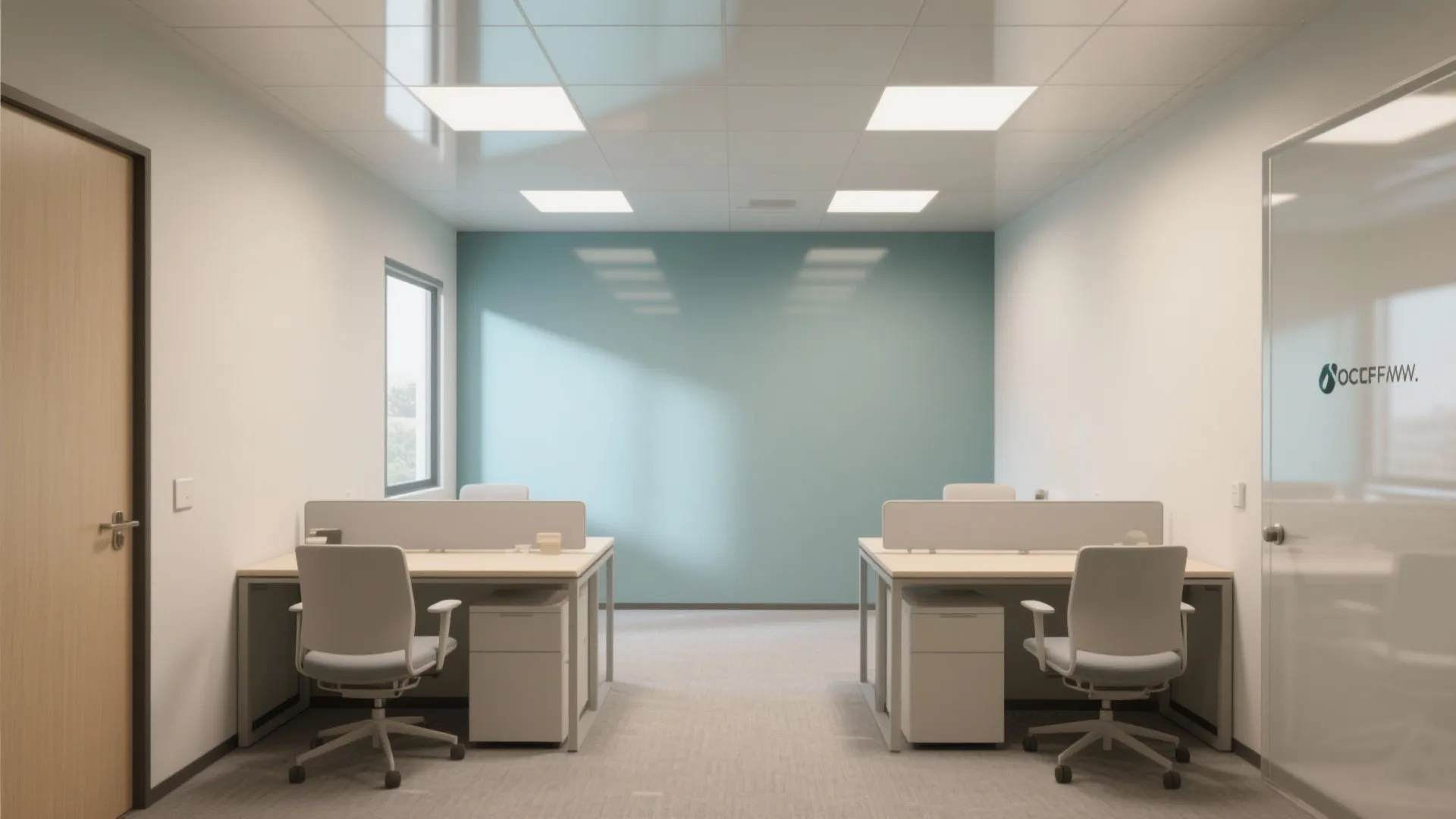 Minimalist white office workstations with light blue wall, wooden door, grey floor, and square ceiling lights