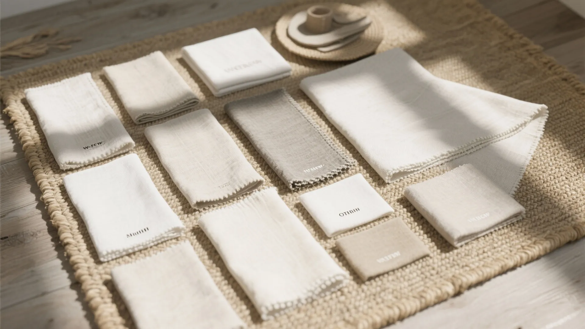 Neutral fabric samples in white and beige colors laid out on a simple woven floor rug