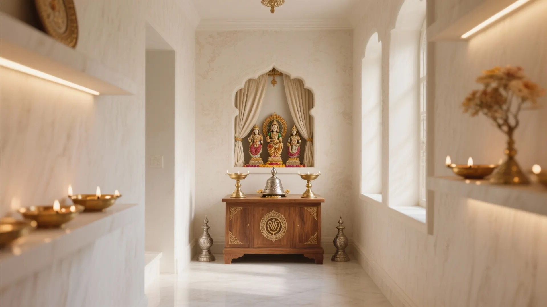 Pooja nook with creamy neutral limewash walls, wooden mandir, and brass accents in soft light.