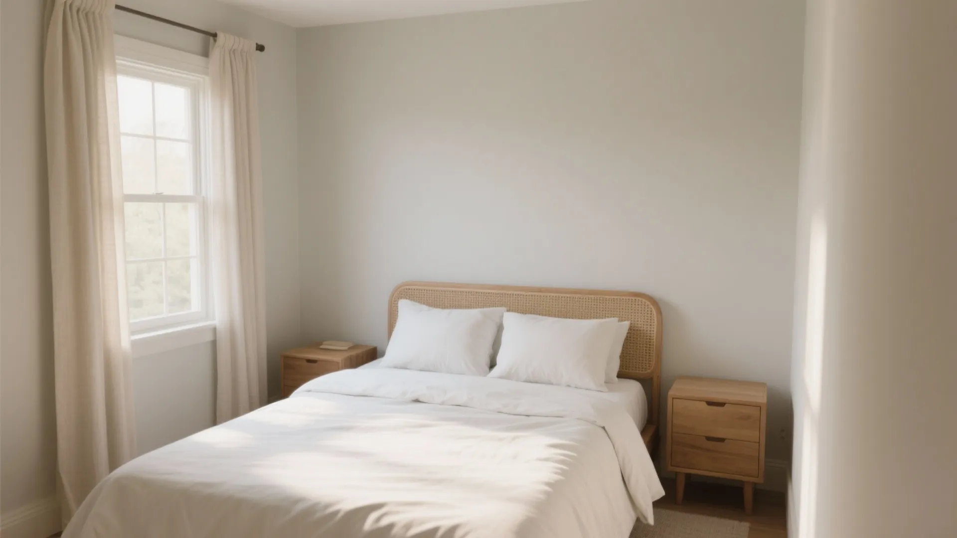 Neutral bedroom design featuring a bed with woven headboard two wooden nightstands and white curtains