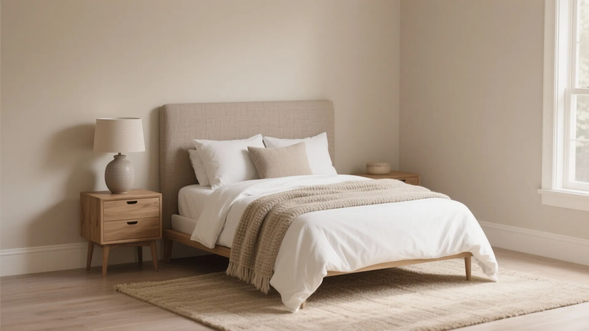 Minimalist beige bedroom with fabric headboard wooden nightstand ceramic light fixture and soft neutral color palette