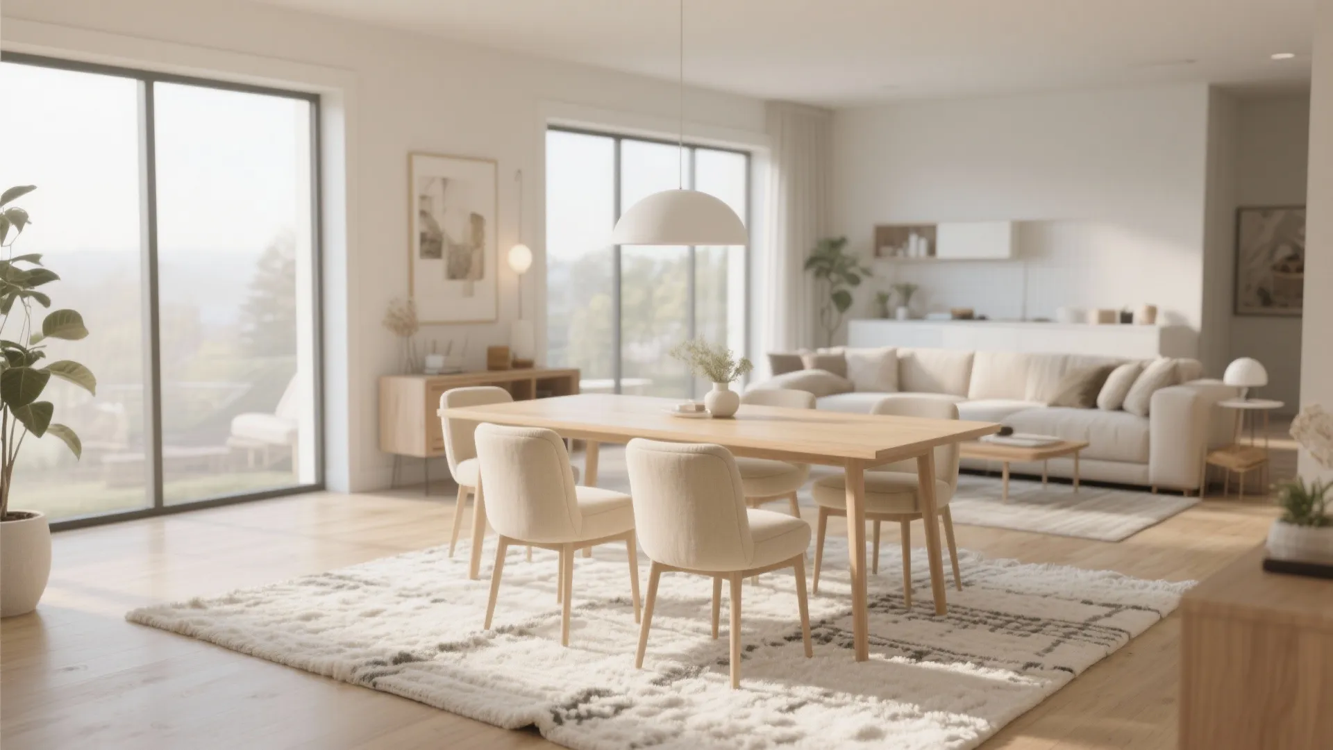 Modern dining room with wooden table cream chairs soft neutral rug white walls and sunlight