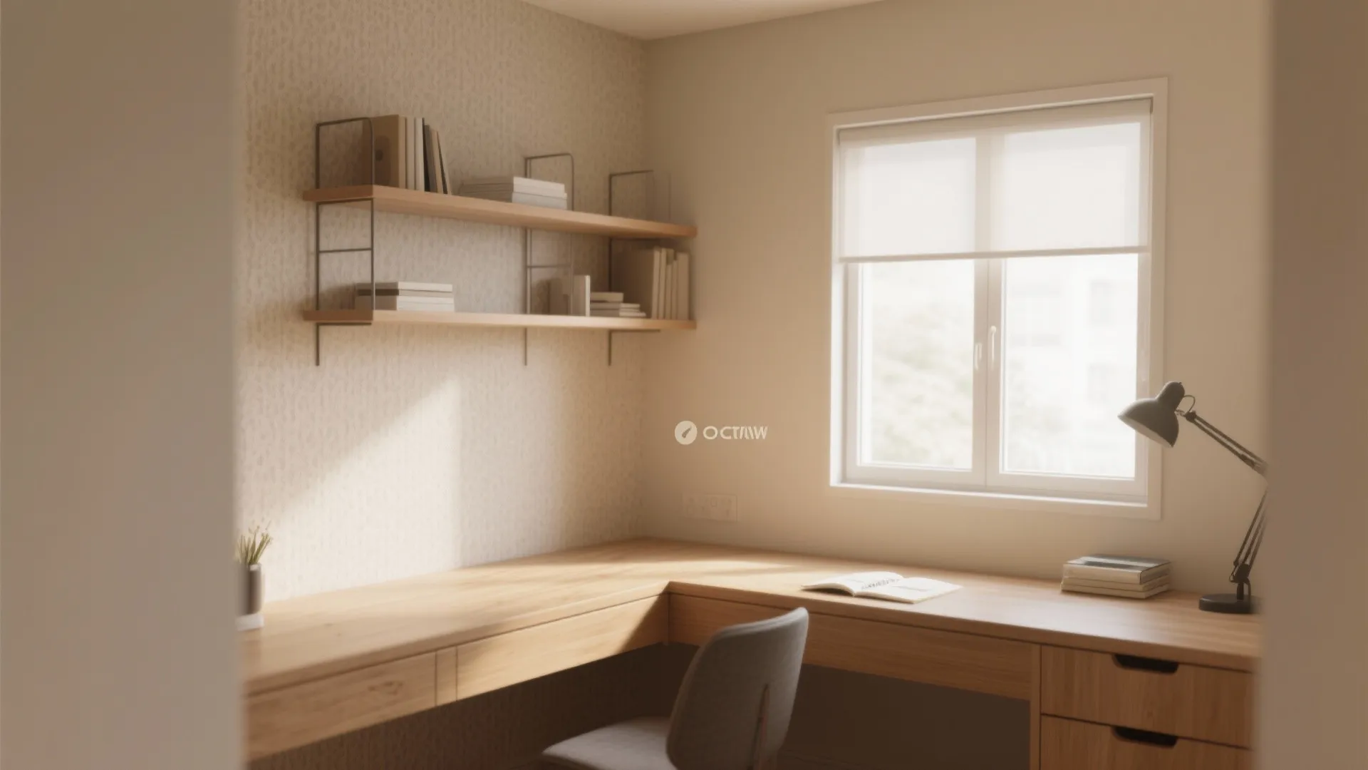 Small study room in warm beige tones with minimalist shelves