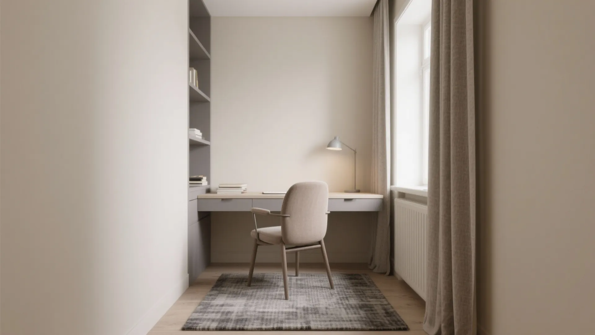 Minimalist neutral study room with grey desk beige chair tall curtains rug and wall shelves