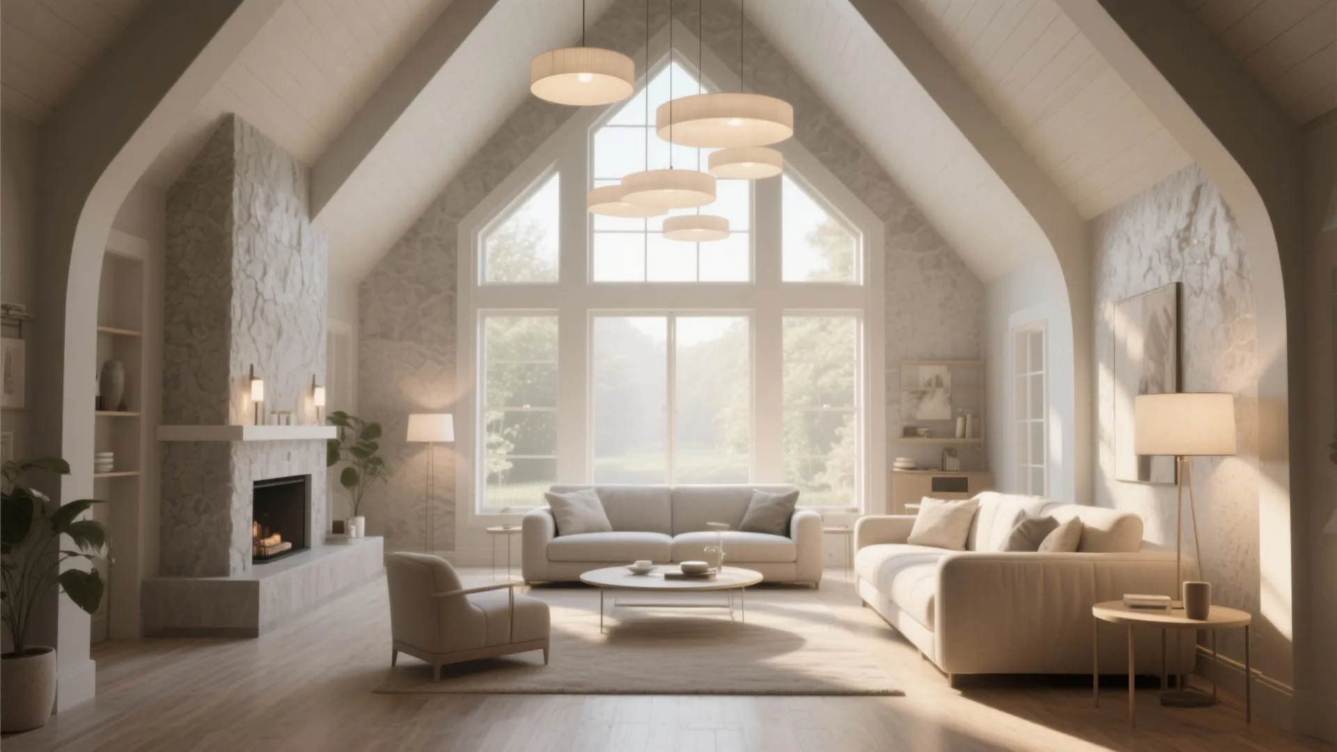 Modern bright living room featuring a stone fireplace white sofas hanging ceiling lights and large windows