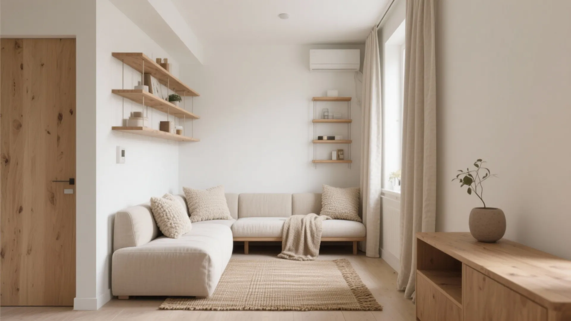 Bright minimalist living room featuring beige sofa wooden shelves neutral curtain and light colored wood flooring