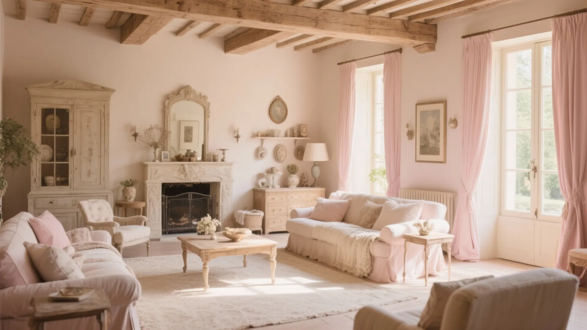 Beige and blush Country French living room with layered textures