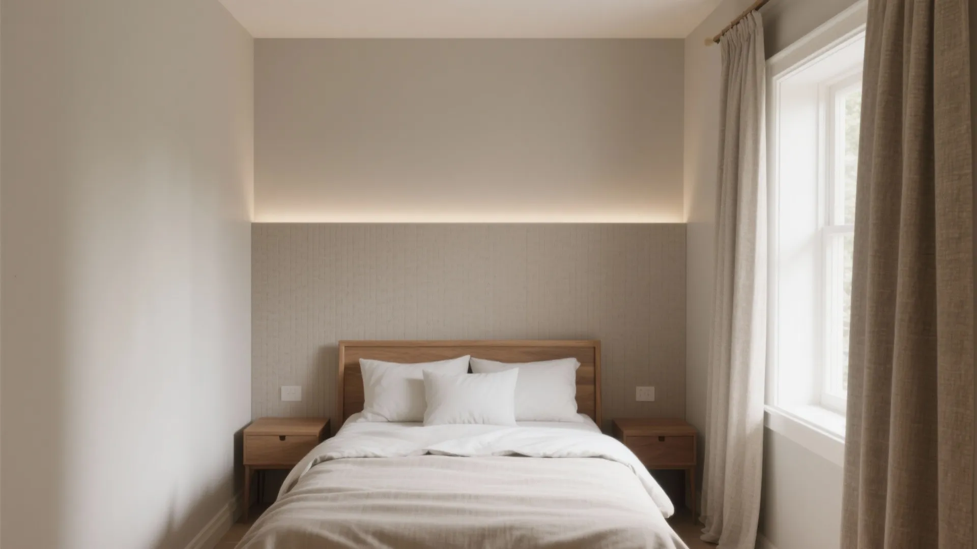 Minimalist small bedroom with beige walls wood bed frame white bedding and soft warm lighting