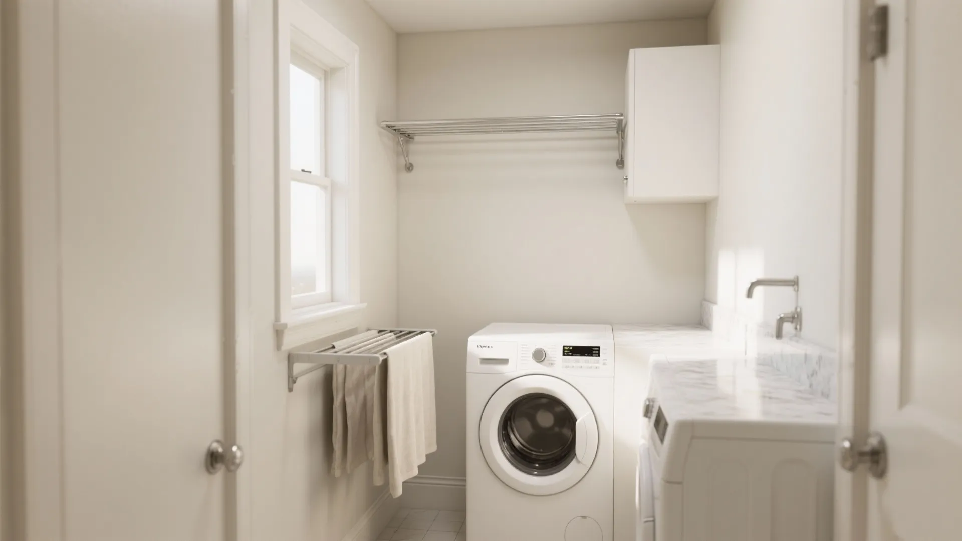 Clean laundry room with white washing machine drying rack towels window and small white wall cabinet