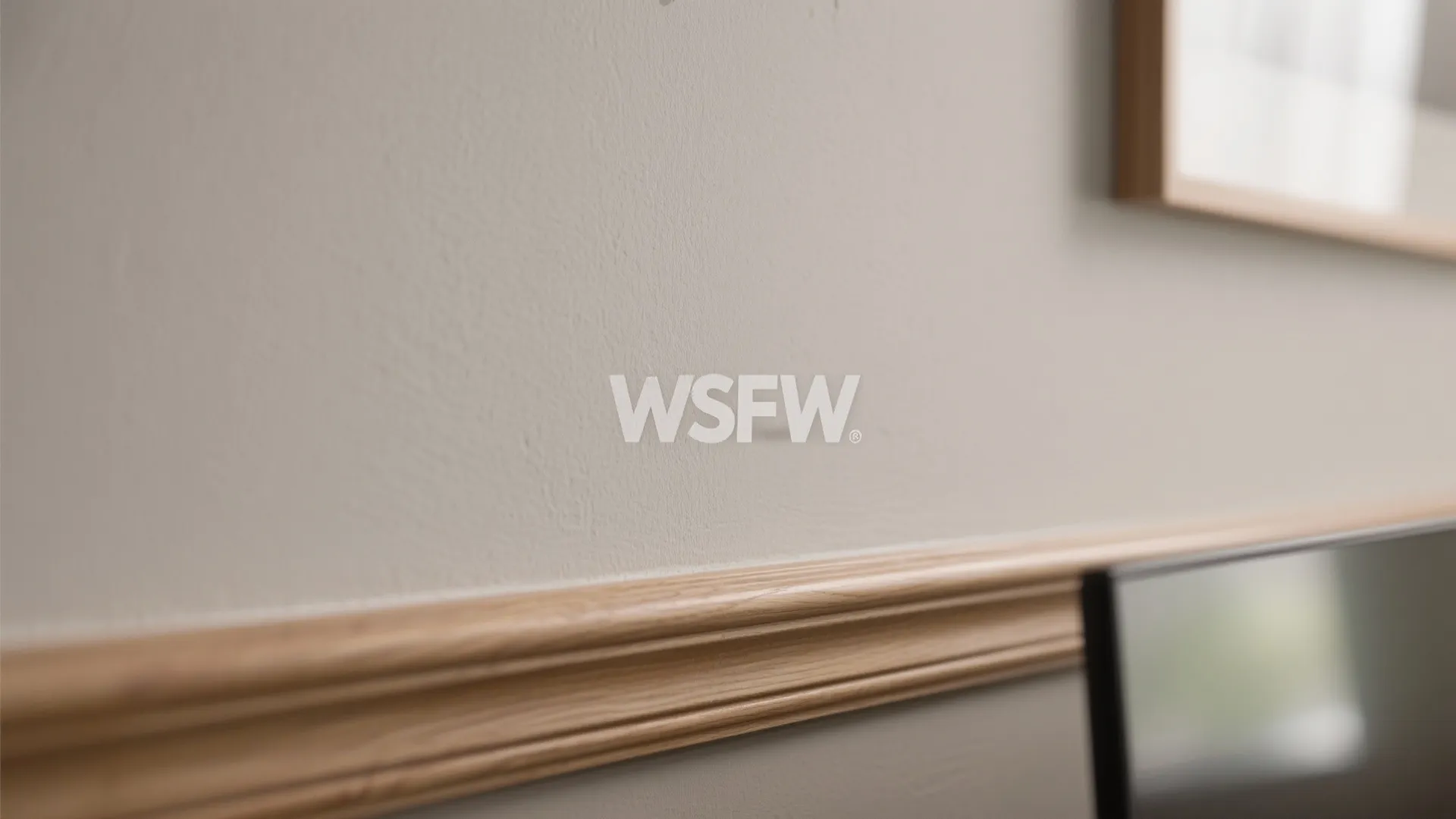 Close up of cream wall with wood wall panel and frame in warm interior design