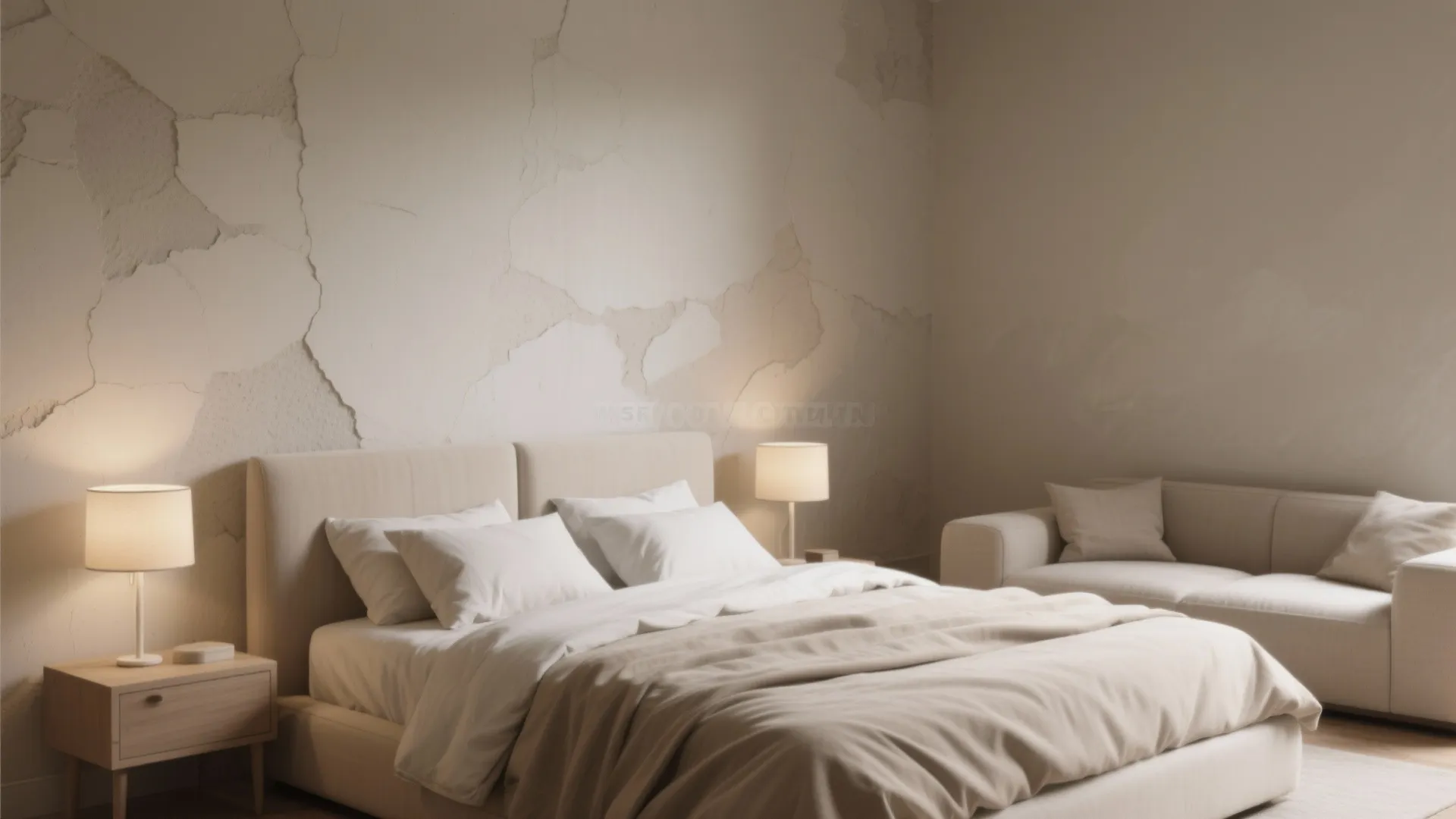 Warm greige living area with matte-painted walls that mask plaster imperfections and layered neutral decor.