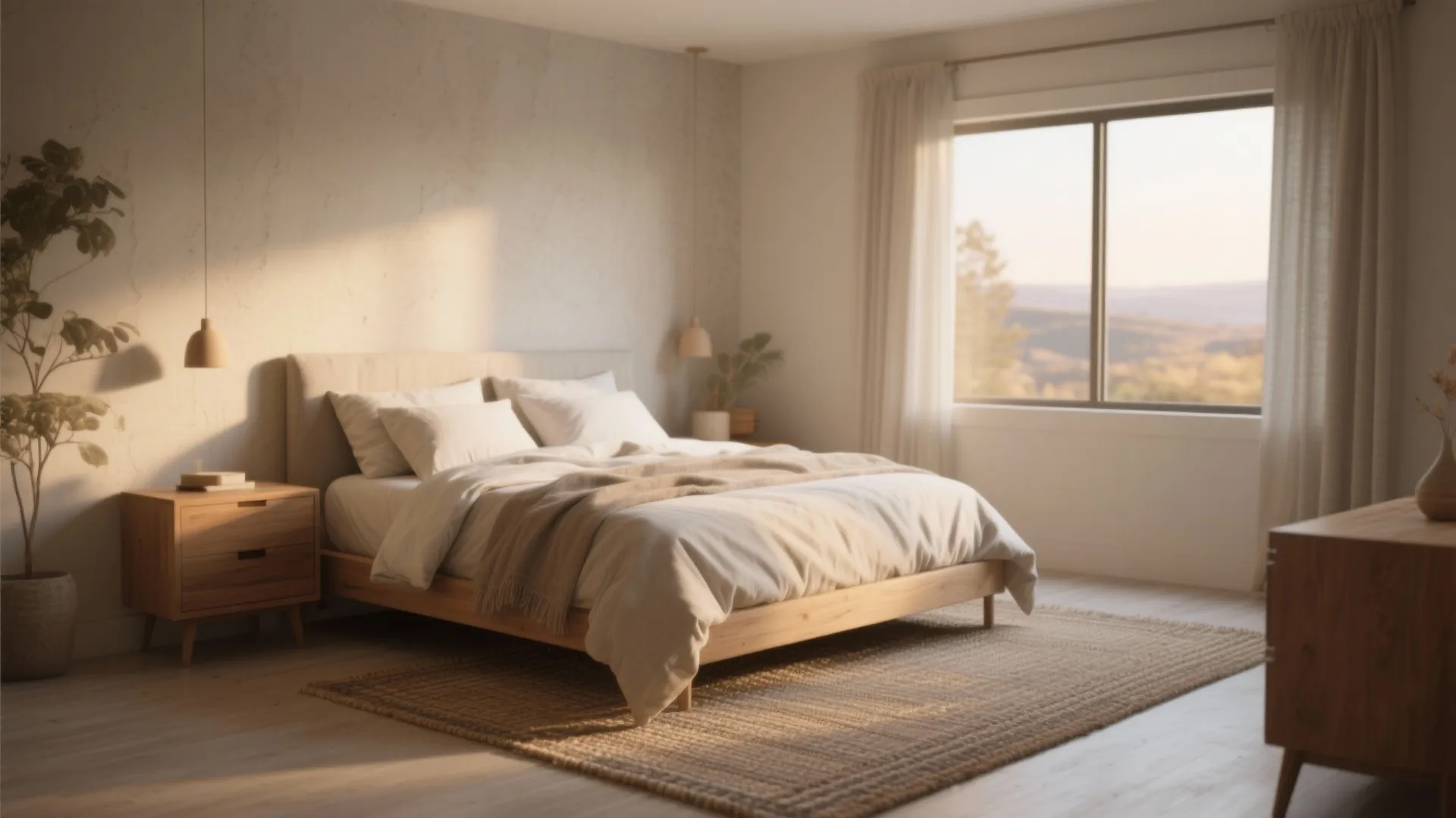 Cozy west-facing bedroom with creamy beige walls, warm oak furniture, and textured rug catching evening light.