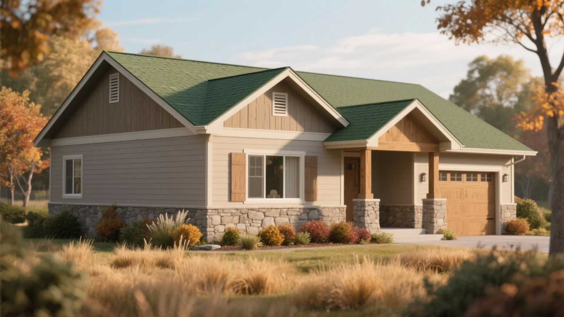 Small home with green roof beige walls stone bottom wooden garage door and autumn yard